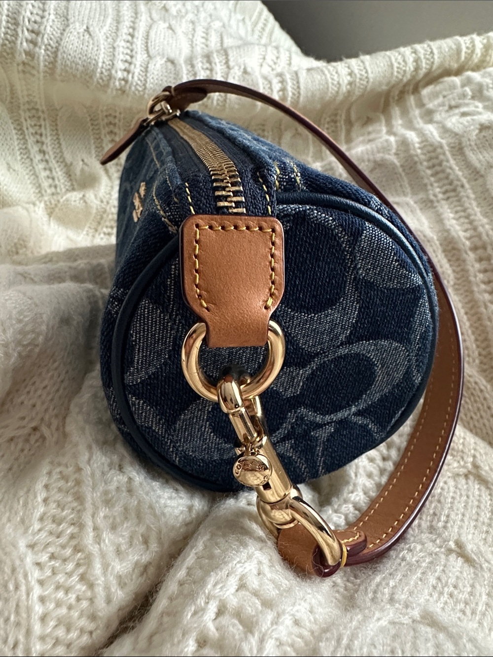 Coach Denim Signature Mini Barrel Bag with Tan Leather Strap - Picture 6 of 16